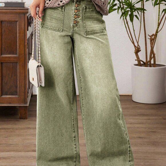 Army Green Casual Women's Wide Leg Patchwork Loose Jeans - Picture 7 of 7